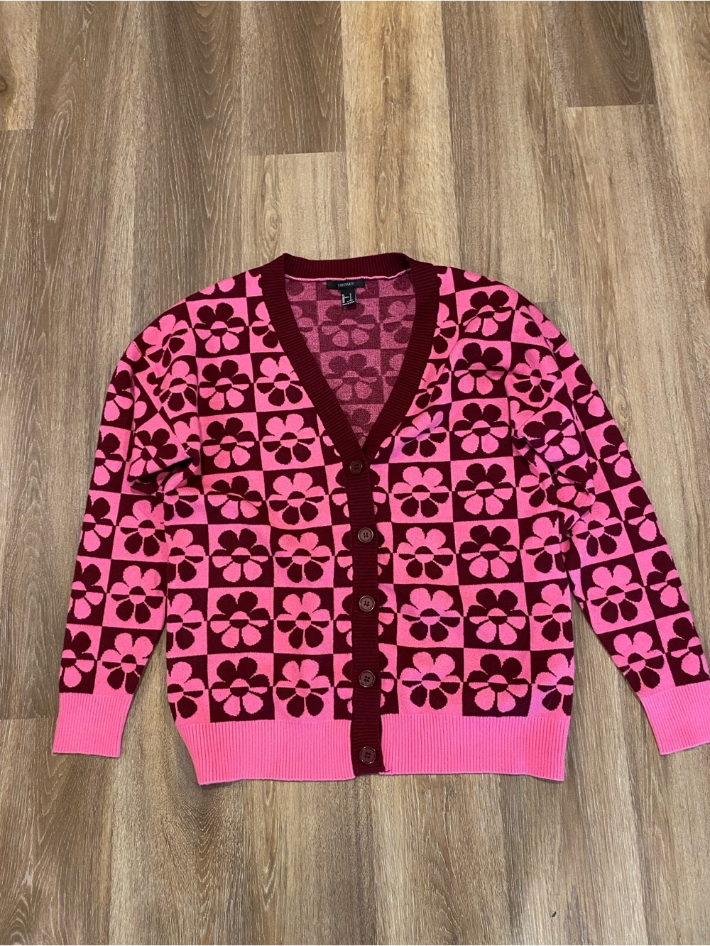 Forever 21 Pink and Burgundy Floral V‑Neck Button Cardigan